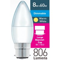 8w (= 60w) Dimmable Frosted LED Candle - BC